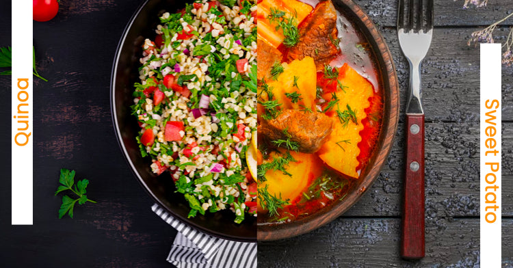 a bowl with quinoa vs a bowl with sweet potato