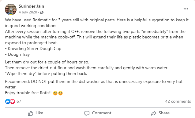 Facebook post of rotimatic maintenance tips by owner