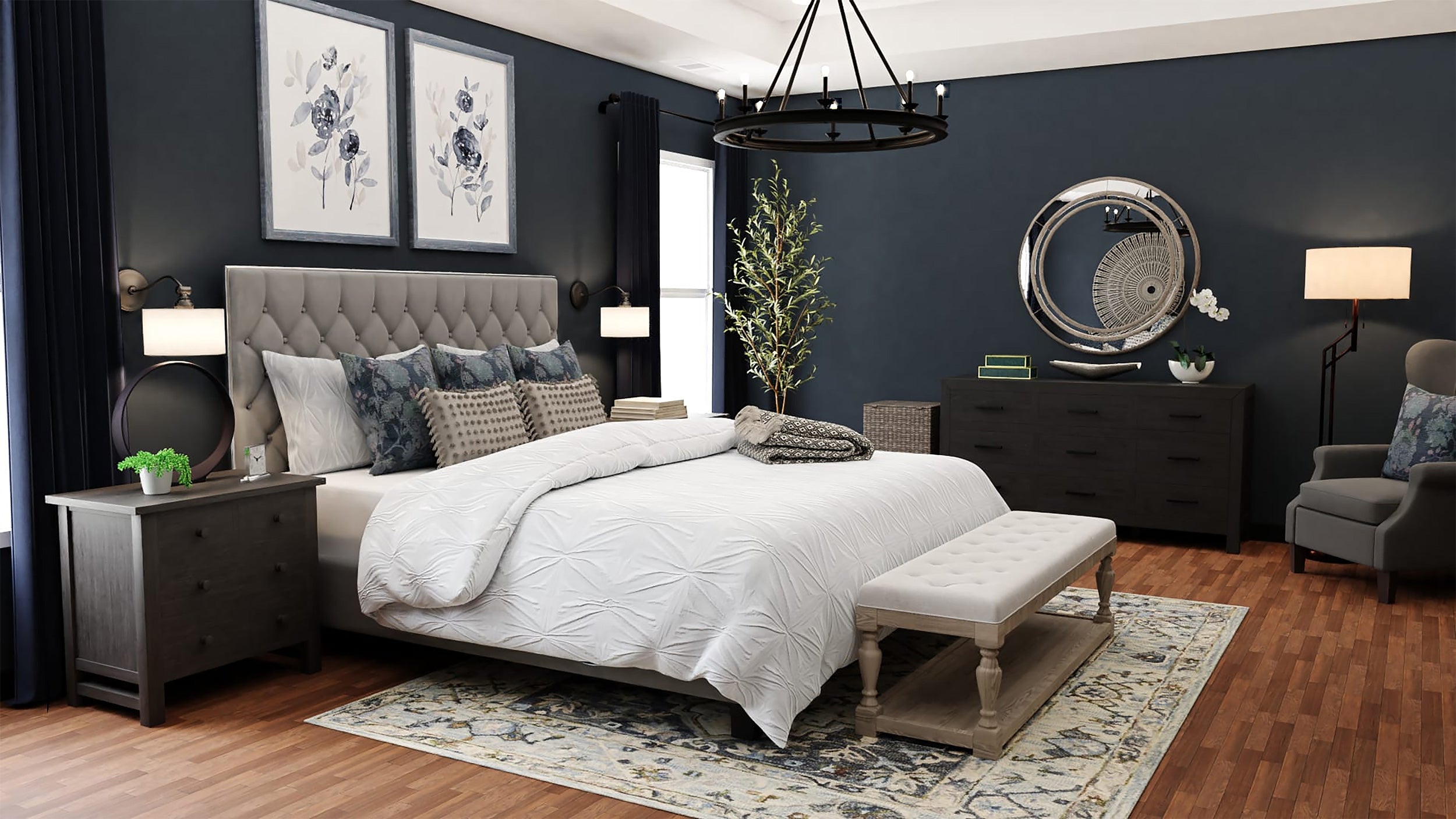 chambre noir blanc bleu fonce moderne