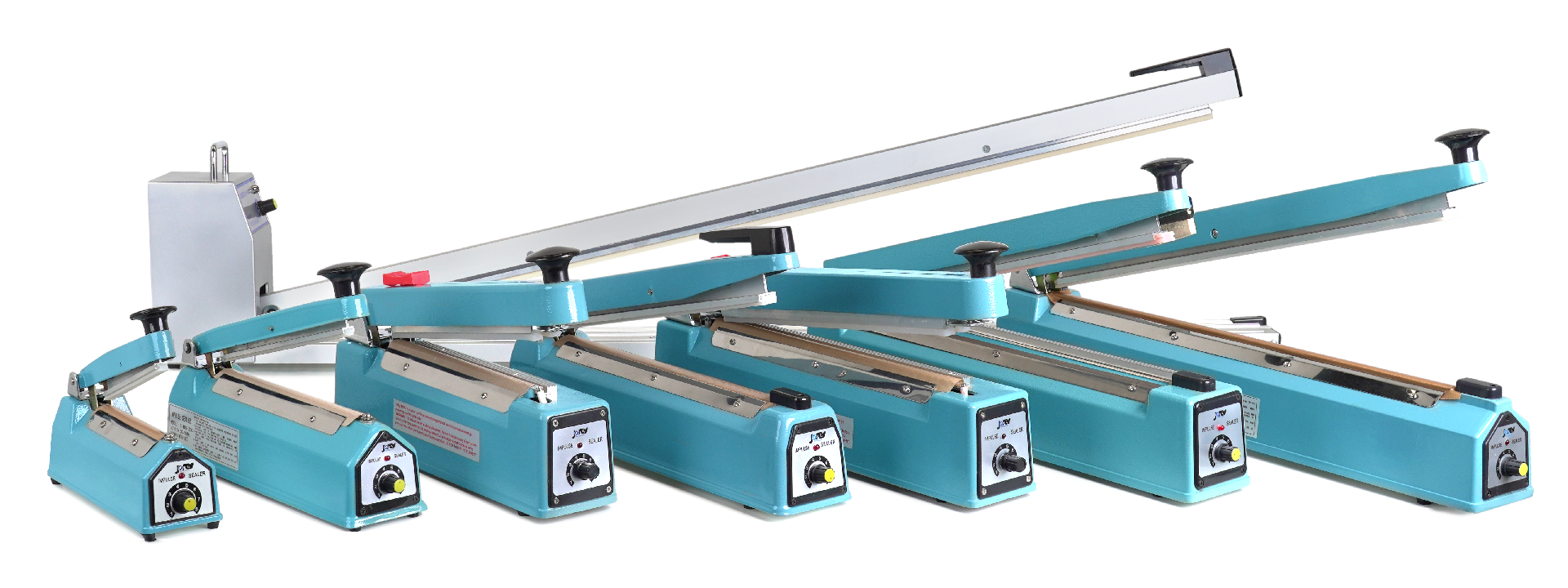 multiple manual impulse sealers of different sizes lined up one next to the other