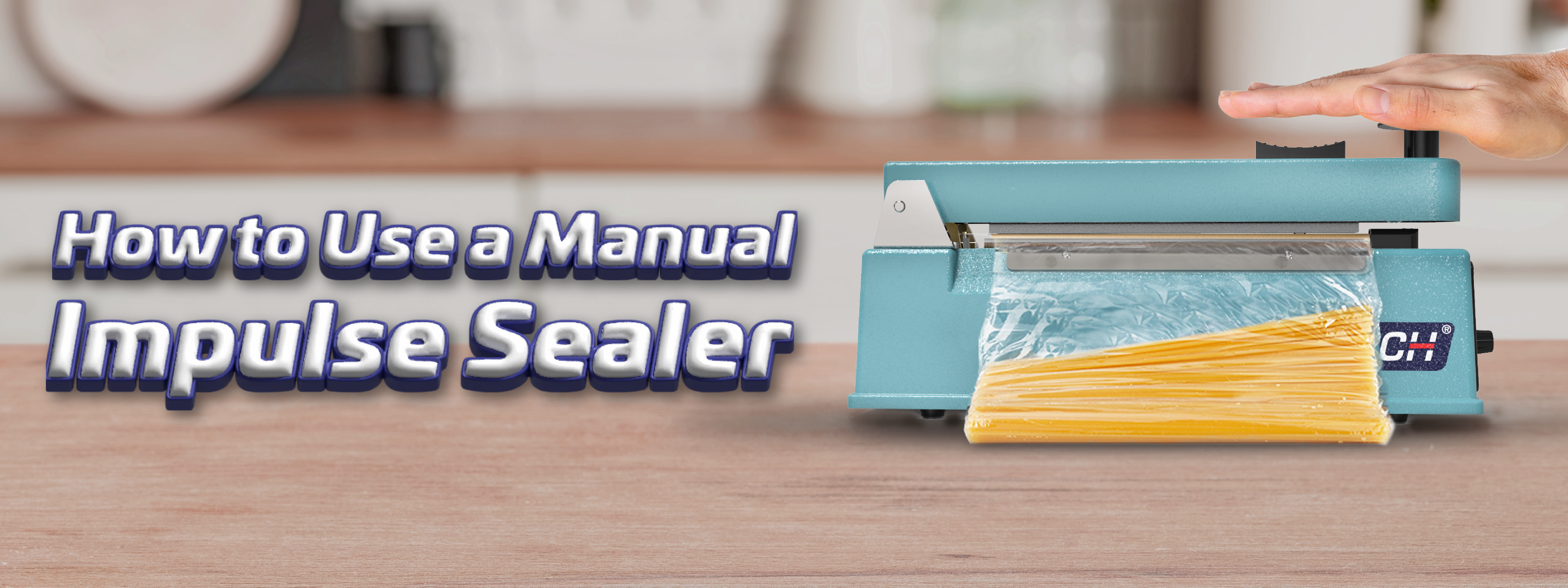 Manual impulse sealer machine sealing a plastic bag with food product inside