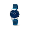 Elegante Damenarmbanduhr von Boccia Titanium. Gehäuse Reintitan mit blauem Zifferblatt. Bei dem Uhrband handelt es sich um ein blau beschichtetes Edelstahlband in Milanaiseausführung.
