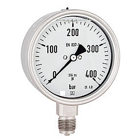 Erik Færgemann Manometer 0-16bar ø100 mm. Rustfri/Syrefast. Med glycerin kl. 1,0, 1/2'' ned