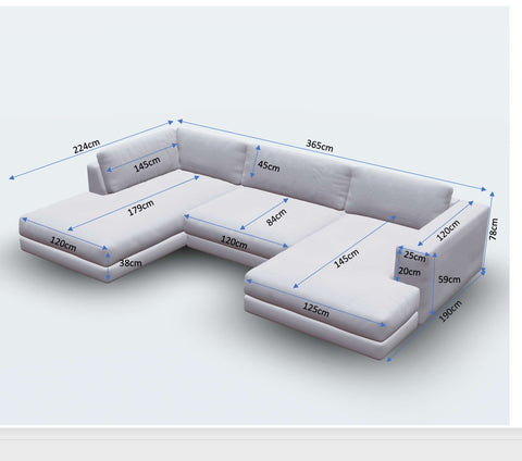 Maße-COZY ECKSOFA U - BREITCORD - 365X224X190CM