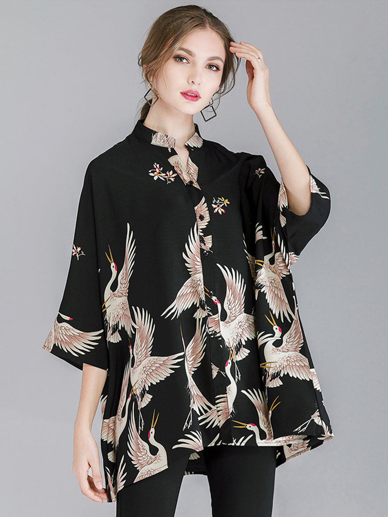 Women's Blouses Crane Print Loose Oversized Blouse