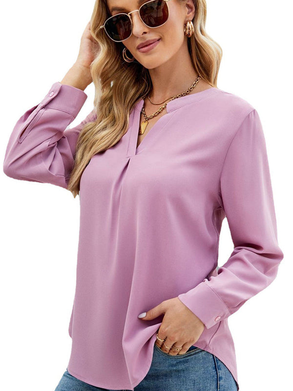 Women’s T-Shirts Solid Color Chiffon Loose V-Neck Pullover Long Sleeves - MsDressly
