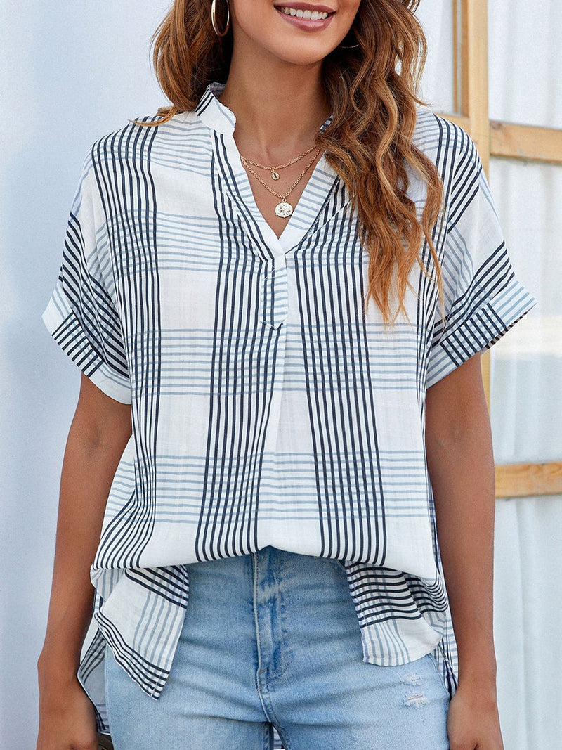 Women's Blouses V-Neck Thin Loose Plaid Short-Sleeved Blouse