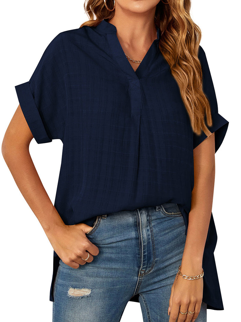 Women's Blouses V-Neck Thin Loose Plaid Short-Sleeved Blouse