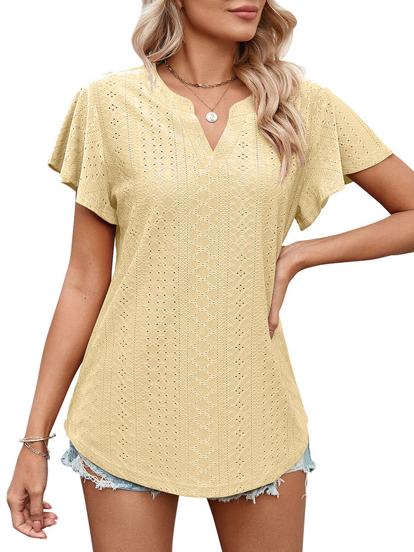 Women’s T-Shirts Solid Color Hollow V-Neck Ruffle Sleeve Casual T-Shirt