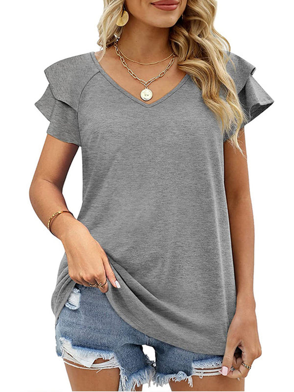 Women’s T-Shirts Solid Color V-Neck Ruffled Sleeves Loose T-Shirt