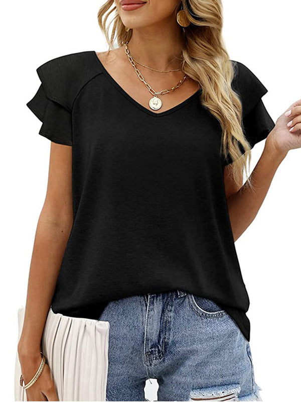 Women’s T-Shirts Solid Color V-Neck Ruffled Sleeves Loose T-Shirt