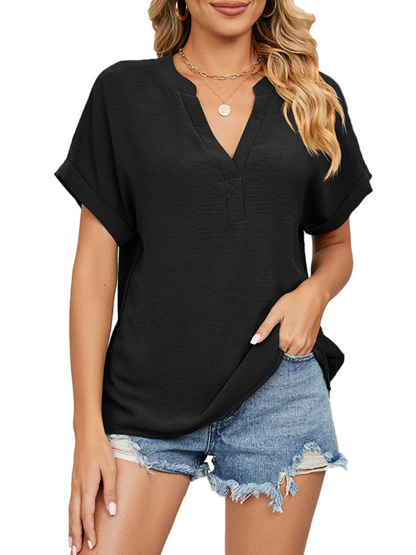 Women’s T-Shirts Solid Color V-Neck Loose Short Sleeve Chiffon T-Shirt