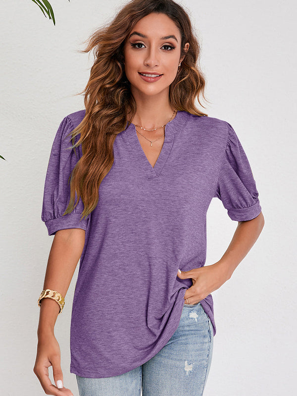 Women's T-Shirts V-Neck Solid Color Puff Sleeve Loose T-Shirt