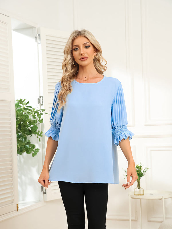 Blouses Women’s Blouses Solid Color Round Neck Ruffle Sleeve Chiffon Blouse MsDressly