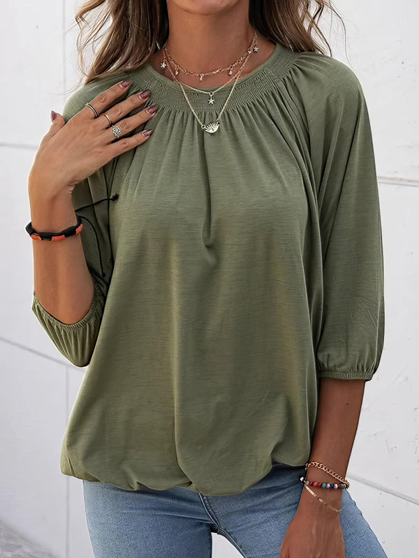 Loose 3/4 Sleeve Pleated Crew Neck T-Shirt