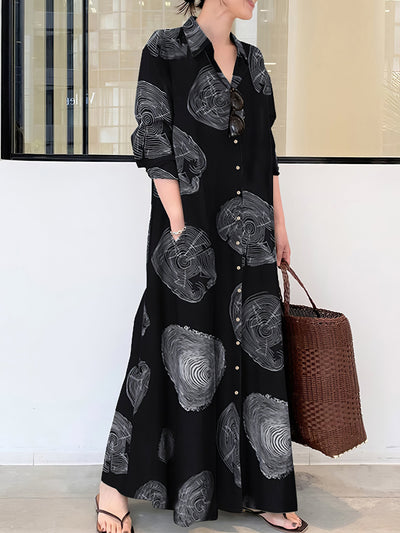 Women’s Dresses Cotton Printed Long Sleeve Loose Casual Maxi Dress