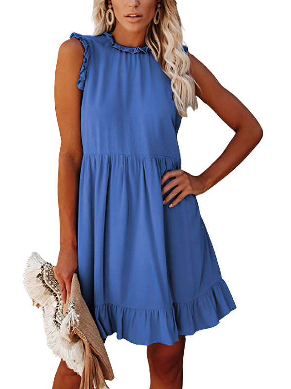 Women’s Dresses Round Neck Sleeveless Ruffle Waist Mini Dress