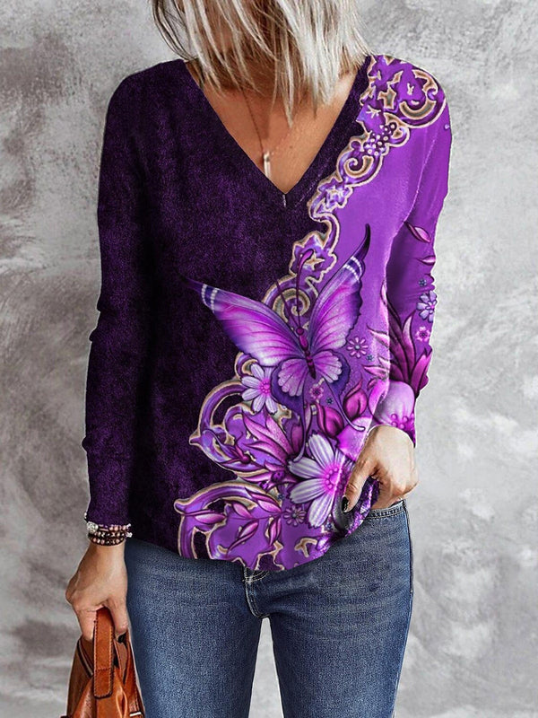 Women's T-Shirts Butterfly Print V-Neck Long Sleeve T-Shirt - MsDressly