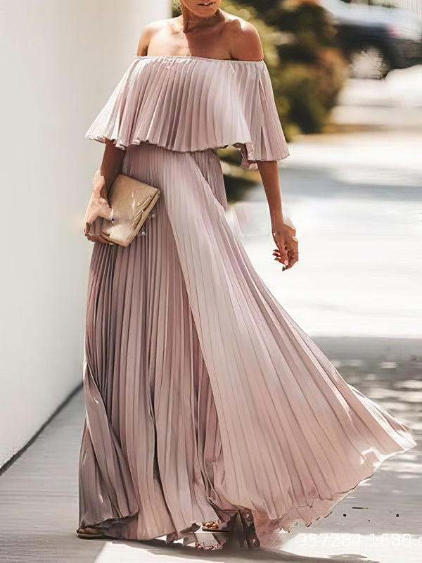 Women's Dresses Boat Neck One-Shoulder Pleated Chiffon Dress