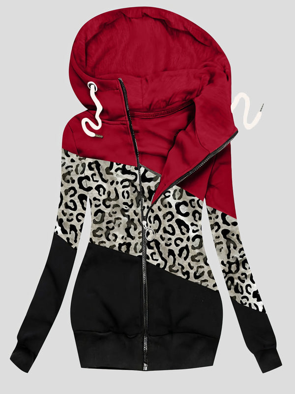 Women's Coats Three-Color Leopard Print Zip Drawstring Hooded Coat