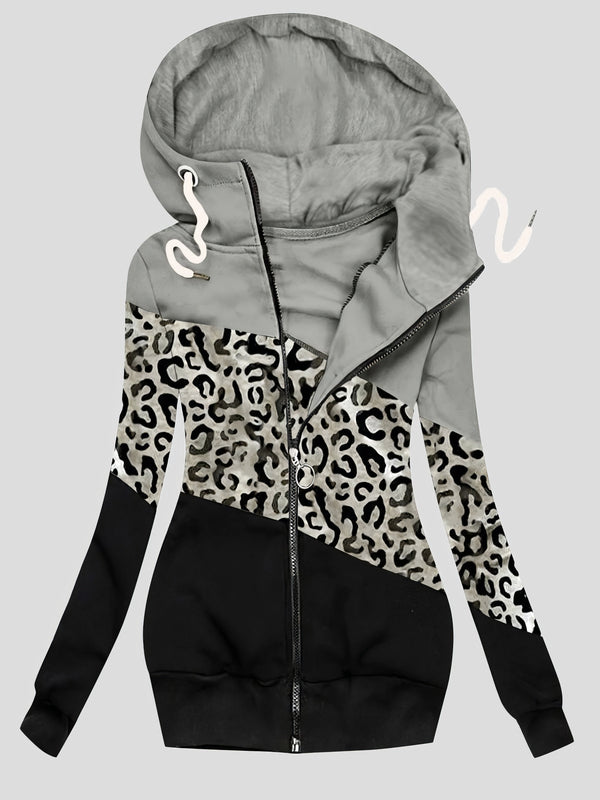 Women's Coats Three-Color Leopard Print Zip Drawstring Hooded Coat