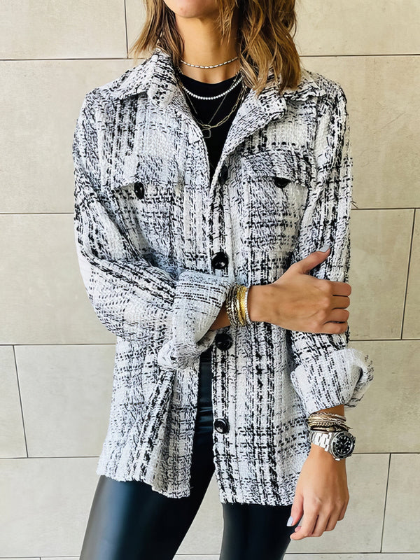 Women's Coats Plaid Lapel Loose Button Long Sleeves Coat