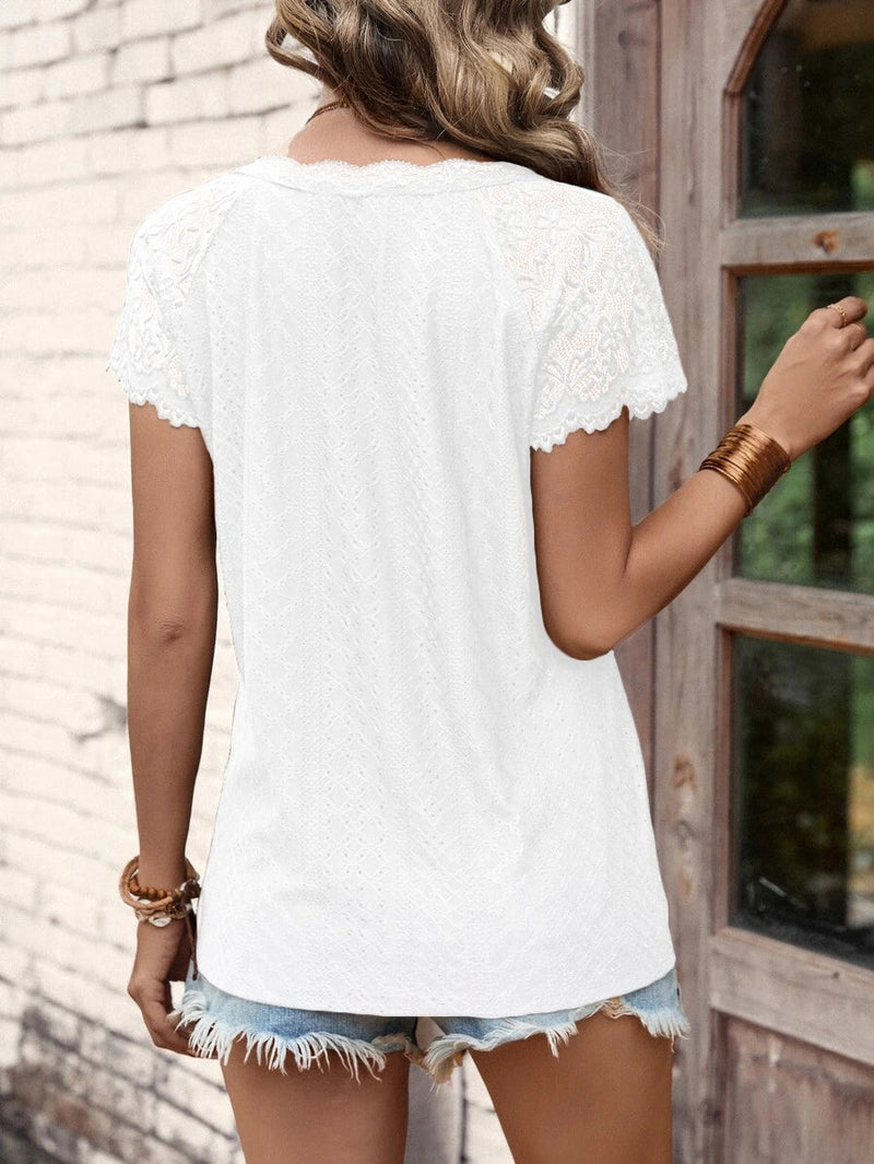 T-Shirts Women's T-Shirts V-Neck Stitching Lace Loose Short-Sleeved T-Shirt MsDressly