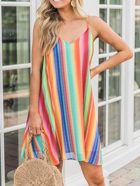 Bohemian Multicolor Striped Chiffon Sleeveless Sling Beach Short Dress - MsDressly