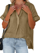 Women's Blouses V-Neck Thin Loose Plaid Short-Sleeved Blouse