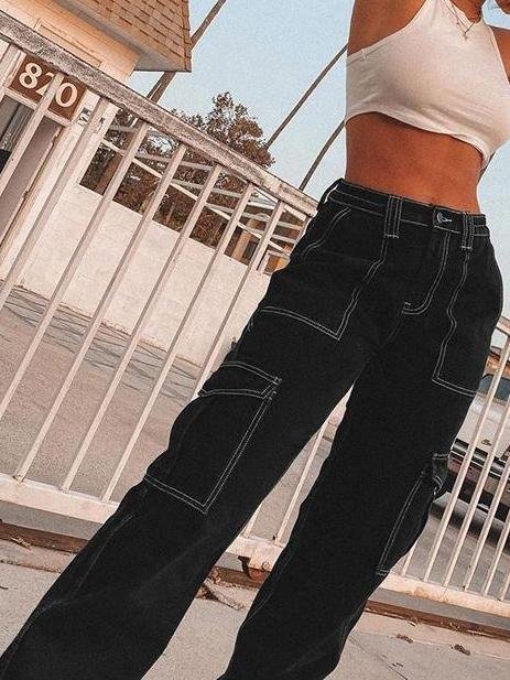 Contrast Topstitching Side Flap Pocket Cargo Pants | Instastyled ...