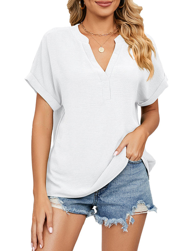 Women’s T-Shirts Solid Color V-Neck Loose Short Sleeve Chiffon T-Shirt