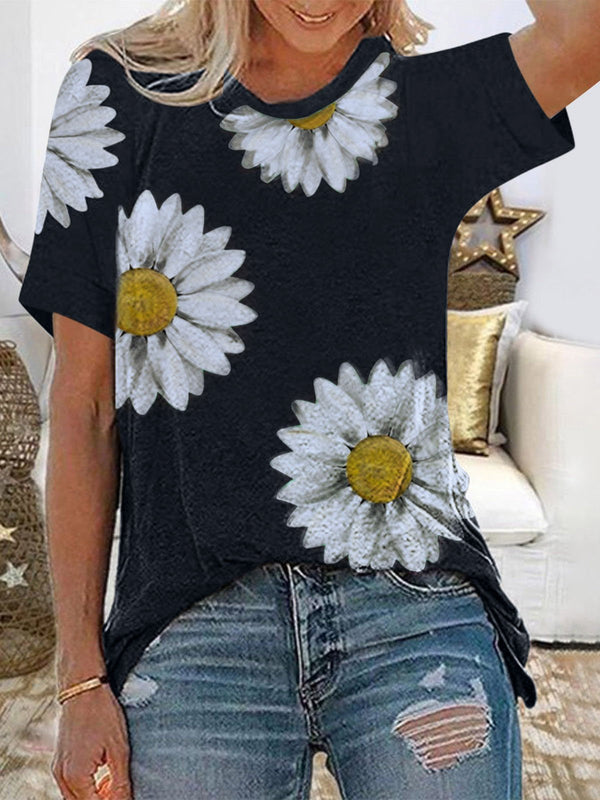Daisy Print Round Neck Short Sleeve T-Shirt - T-Shirts - INS | Online Fashion Free Shipping Clothing, Dresses, Tops, Shoes - 09/07/2021 - 10-20 - Category_T-Shirts