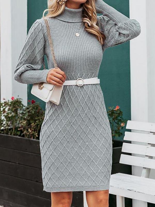 Diamond Knit Gigot Sleeve Funnel Neck Sweater Dress Without Belt - Dresses - INS | Online Fashion Free Shipping Clothing, Dresses, Tops, Shoes - 02/02/2021 - Autumn - Beige