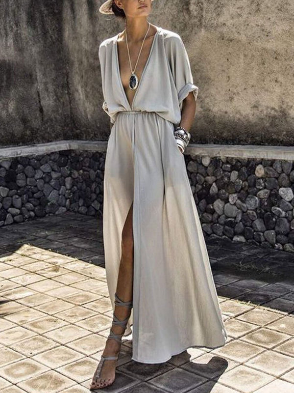 Elegant Solid Deep V Neck Split Dress - Maxi Dresses - INS | Online Fashion Free Shipping Clothing, Dresses, Tops, Shoes - 20-30 - 28/06/2021 - color-black