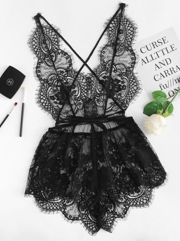 Eyelash Lace Plunging Sleep Romper - INS | Online Fashion Free Shipping Clothing, Dresses, Tops, Shoes