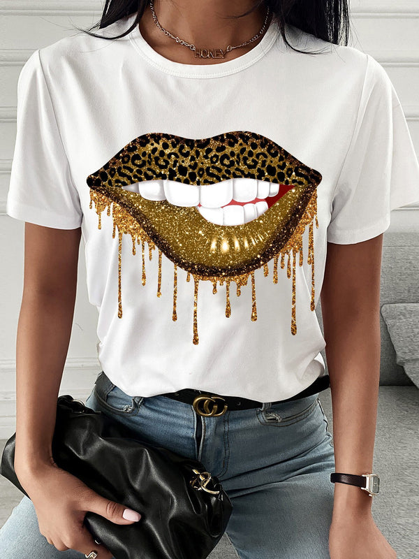 Leopard Lip Print Crew Neck T-shirt - MsDressly