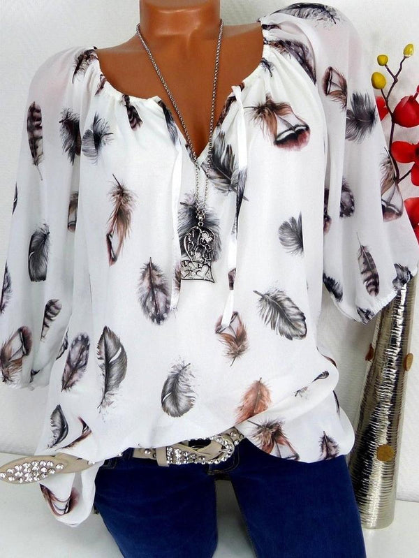 Loose Feather Print V-neck Five-point Sleeve Shirt - Blouses - INS | Online Fashion Free Shipping Clothing, Dresses, Tops, Shoes - 10-20 - 20/07/2021 - BLO2107201205