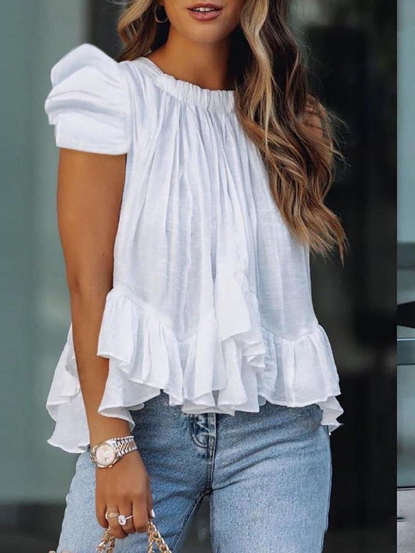 Loose Short Sleeve Round Neck Ruffles Blouses - Blouses - INS | Online Fashion Free Shipping Clothing, Dresses, Tops, Shoes - 15/07/2021 - 30-40 - BLO2107161196