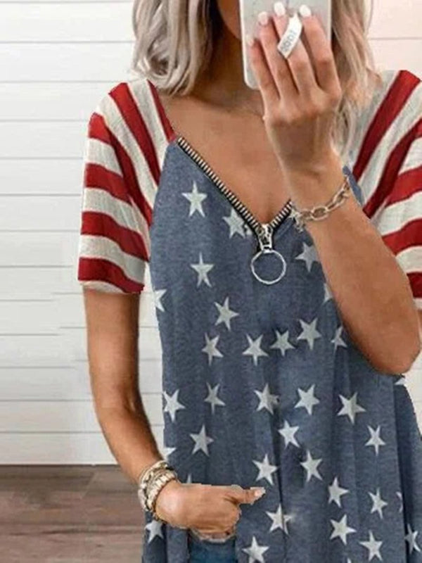 Loose Star Print Zipper V-neck Short-sleeved T-shirt