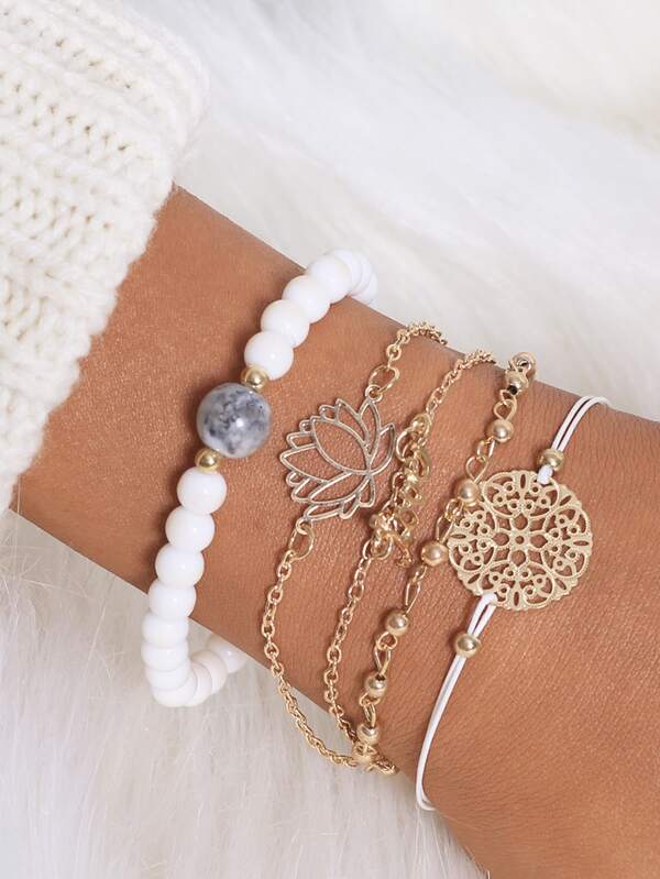 Lotus & Letter Detail Chain Bracelet 5pcs - INS | Online Fashion Free Shipping Clothing, Dresses, Tops, Shoes