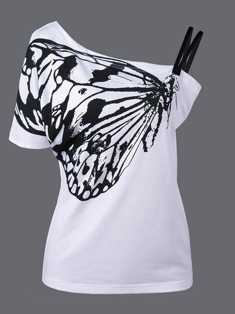 One Shoulder Butterfly Print Casual T-shirt - T-Shirts - INS | Online Fashion Free Shipping Clothing, Dresses, Tops, Shoes - 27/04/2021 - Color_White - Neckline_One Shoulder