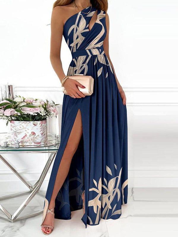 One-Shoulder Hollow High Slit Print Maxi Dress