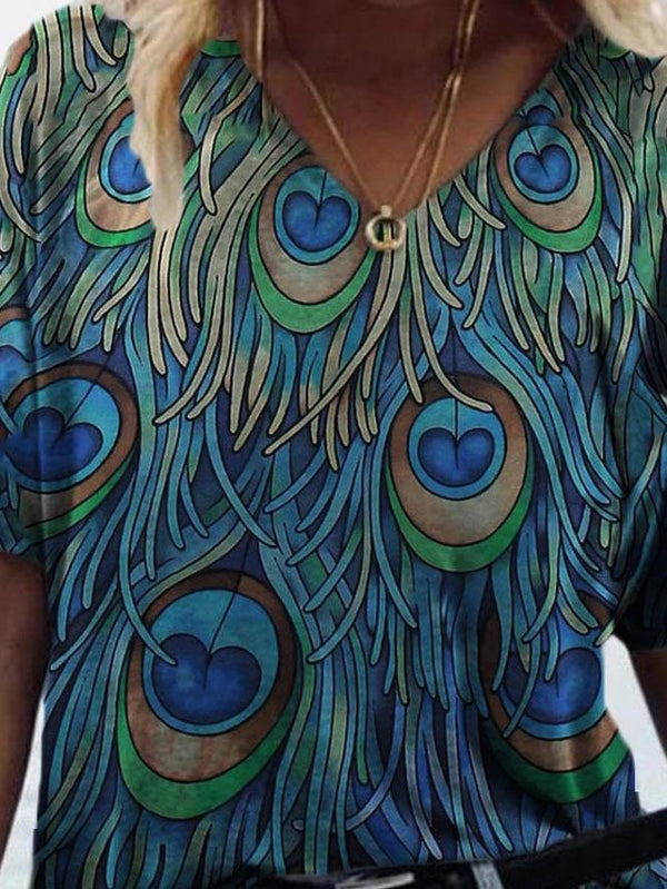 Peacock Feather Print Short-sleeved T-shirt - MsDressly