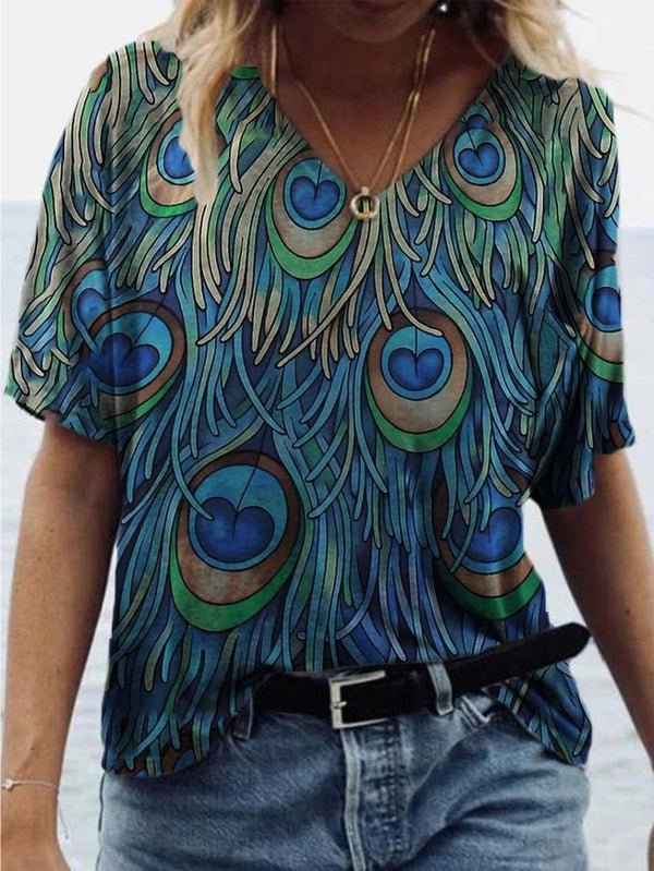 Peacock Feather Print Short-sleeved T-shirt - MsDressly