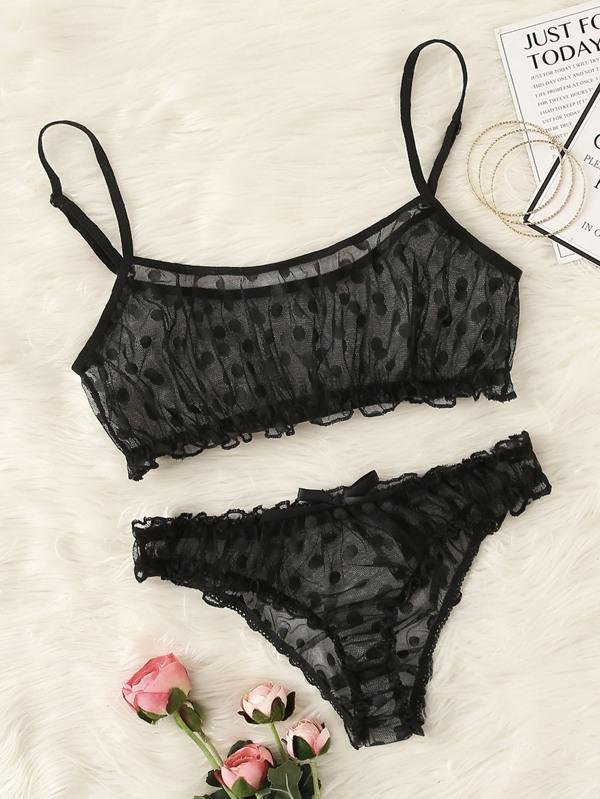 Polka Dot Mesh Frill Trim Lingerie Set - INS | Online Fashion Free Shipping Clothing, Dresses, Tops, Shoes