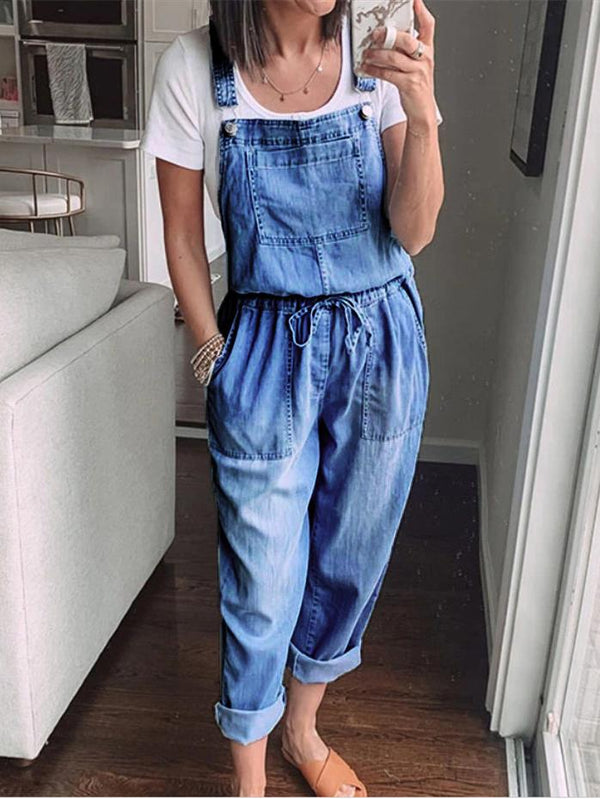 Simple Casual Drawstring Pocket Denim Jumpsuit - Jumpsuits & Rompers - INS | Online Fashion Free Shipping Clothing, Dresses, Tops, Shoes - 29/06/2021 - 30-40 - Bottom