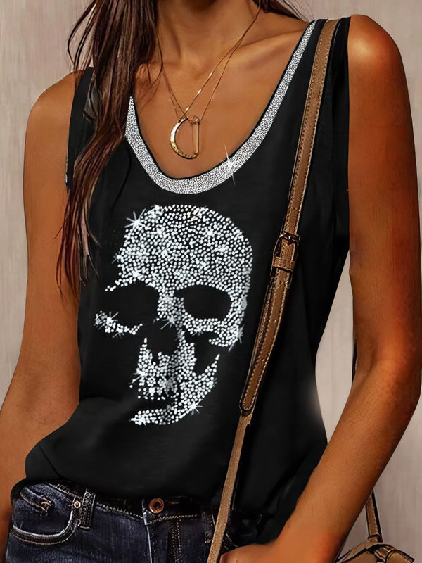 Skull Print Round Neck Loose Sleeveless T-shirt