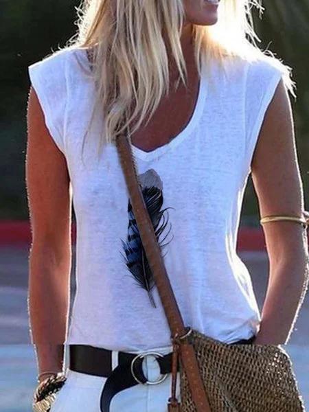 Sleeveless V-neck Feather Print Vest - Tank Tops - INS | Online Fashion Free Shipping Clothing, Dresses, Tops, Shoes - 07/07/2021 - 10-20 - color-white
