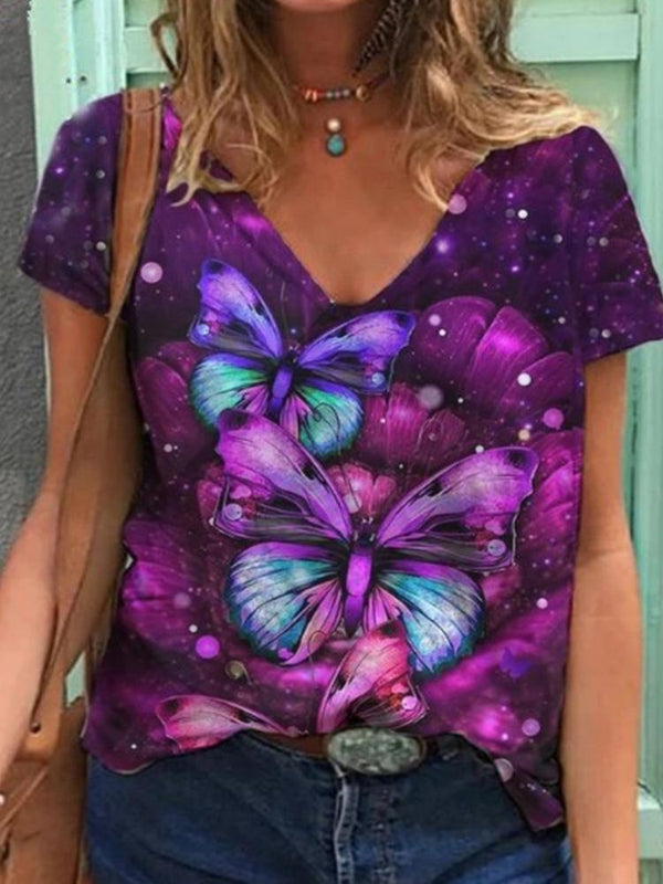 Slim Tie-dye Butterfly Print Short-sleeved T-shirt - MsDressly