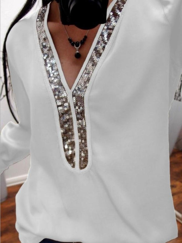 Solid Stitching V-neck Sequin Long-sleeved T-shirt - MsDressly